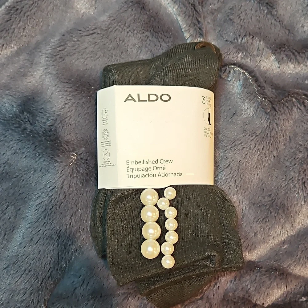 NWT ALDO Pearl Embellished Black Crew Socks OSFA 3 Pair